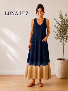 LUNA LUZ 100% Linen Maxi Midi Navy Tie Dye Tank Coastal Dress Pockets Sz Medium